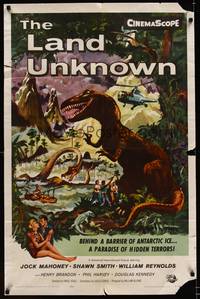 8h580 LAND UNKNOWN 1sh '57 a paradise of hidden terrors, great art of dinosaurs by Ken Sawyer!