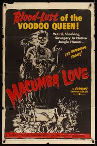 8h603 MACUMBA LOVE 1sh '60 weird, shocking savagery in native jungle, cool art of voodoo queen!