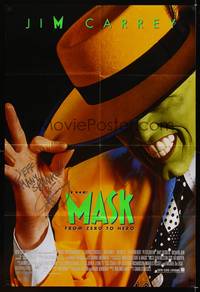 8h633 MASK signed 1sh '94 by Jim Carrey, great super close up of wacky superhero!