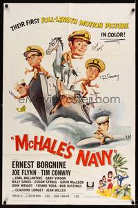 8h637 McHALE'S NAVY signed 1sh '64 by Ernest Borgnine & Tim Conway, wacky artwork!