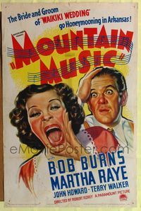 8h662 MOUNTAIN MUSIC 1sh '37 Bob Burns & Martha Raye go honeymooning in Arkansas!