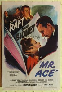 8h664 MR. ACE 1sh '46 close up of George Raft holding pretty Sylvia Sidney, film noir!