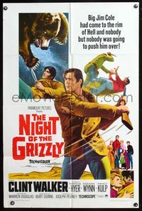 8h692 NIGHT OF THE GRIZZLY 1sh '66 big Clint Walker had come to the rim of Hell & held on!