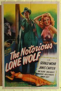 8h704 NOTORIOUS LONE WOLF 1sh '46 cool image of detective Gerald Mohr, sexy Janis Carter!