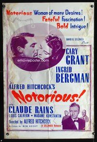 8h702 NOTORIOUS style 2 1sh R60s Cary Grant, Ingrid Bergman, fateful fascination, bold intrigue!