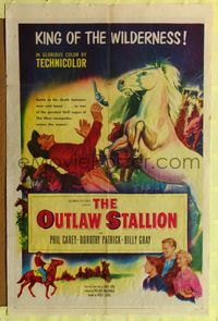 8h721 OUTLAW STALLION 1sh '54 cool art of wild horse fighting cowboy!