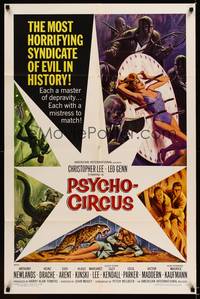 8h752 PSYCHO-CIRCUS 1sh '67 most horrifying syndicate of evil, cool art of sexy girl terrorized!
