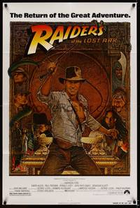 8h763 RAIDERS OF THE LOST ARK 1sh R82 great art of adventurer Harrison Ford by Richard Amsel!