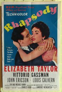 8h774 RHAPSODY 1sh '54 great romantic image of Elizabeth Taylor & Vittorio Gassman!