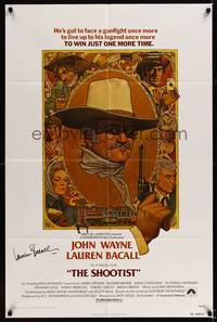 8h830 SHOOTIST signed 1sh '76 by Lauren Bacall, Amsel artwork of cowboy John Wayne & cast montage!