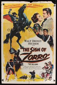 8h833 SIGN OF ZORRO 1sh '60 Walt Disney, cool art of masked hero Guy Williams on horseback!