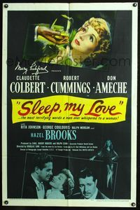 8h848 SLEEP MY LOVE 1sh '47 cool art of pretty Claudette Colbert, Robert Cummings, Don Ameche!