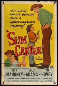 8h851 SLIM CARTER 1sh '57 Jock Mahoney, Julie Adams, funny art of boy holding up Mahoney!