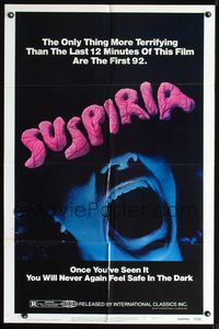 8h889 SUSPIRIA 1sh '77 classic Dario Argento horror, cool close up screaming mouth image!