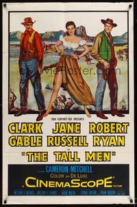 8h897 TALL MEN 1sh '55 full-length art of Clark Gable, sexy Jane Russell showing leg, Robert Ryan!