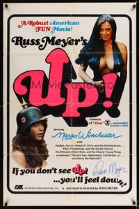 8h955 UP! signed 1sh '76 by Russ Meyer, sexy barely-dressed Margo Winchester wearing German helmet!