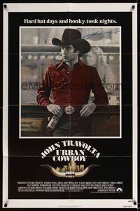 8h956 URBAN COWBOY signed 1sh '80 by John Travolta, great image in cowboy hat at bull riding bar!