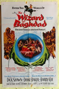 8h987 WIZARD OF BAGHDAD 1sh '60 great image of Dick Shawn in sexy Arabian harem!