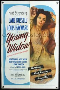 8h998 YOUNG WIDOW 1sh '46 full-length image of world's most exciting sexy brunette Jane Russell!