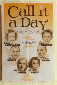 8m107 CALL IT A DAY 1sh '37 Olivia de Havilland, Ian Hunter, Frieda Inescort, Roland Young!