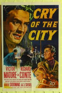 8m160 CRY OF THE CITY 1sh '48 film noir, cool c/u of Victor Mature, Richard Conte, Shelley Winters