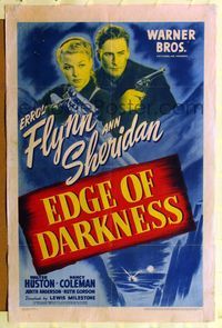 8m206 EDGE OF DARKNESS 1sh '42 great image of Errol Flynn & Ann Sheridan, both pointing guns!