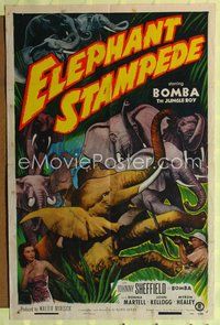 8m214 ELEPHANT STAMPEDE 1sh '51 Johnny Sheffield as Bomba the Jungle Boy, cool art!