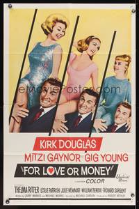 8m254 FOR LOVE OR MONEY 1sh '63 Kirk Douglas carries sexy Mitzi Gaynor, Thelma Ritter!