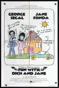8m266 FUN WITH DICK & JANE 1sh '77 George Segal, Jane Fonda, great child's drawing poster art!