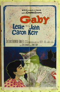 8m267 GABY 1sh '56 wonderful close up art of soldier John Kerr kissing Leslie Caron!