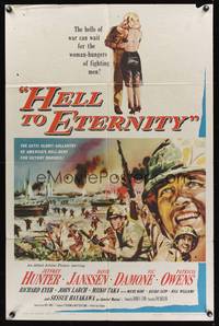 8m319 HELL TO ETERNITY 1sh '60 art of WWII soldier Jeffrey Hunter in battle & with Patricia Owens!
