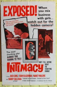 8m376 INTIMACY 1sh '66 Jack Ging, Joan Blackman, watch out for the hidden camera!