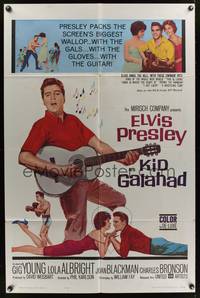 8m416 KID GALAHAD 1sh '62 art of Elvis Presley singing with guitar, boxing, and romancing!