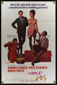 8m443 LADY L style B 1sh '66 cool art of sexy Sophia Loren, Paul Newman & David Niven!