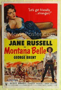 8m521 MONTANA BELLE 1sh '52 sexy Jane Russell wants to get friendly!
