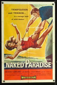 8m548 NAKED PARADISE 1sh '57 art of super sexy falling Beverly Garland caught by hook!