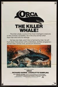 8m616 ORCA 1sh '77 wild artwork of attacking Killer Whale by John Berkey, it kills for revenge!