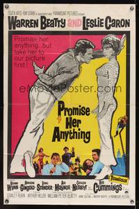 8m662 PROMISE HER ANYTHING 1sh '66 art of Warren Beatty w/fingers crossed & pretty Leslie Caron!
