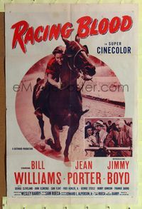 8m667 RACING BLOOD 1sh '54 huge image of jockey Jimmy Boyd riding horse at race!