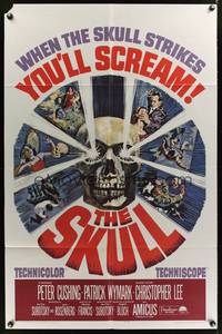 8m728 SKULL 1sh '65 Peter Cushing, Christopher Lee, cool horror artwork of creepy skull!