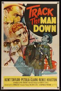 8m873 TRACK THE MAN DOWN 1sh '55 cool art of detective Kent Taylor tracing footsteps!