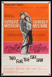 8m895 TWO FOR THE SEESAW 1sh '62 art of Robert Mitchum & sexy beatnik Shirley MacLaine!