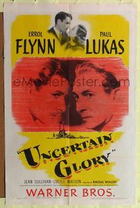 8m907 UNCERTAIN GLORY 1sh '44 art of French Errol Flynn face-to-face with Nazi Paul Lukas!