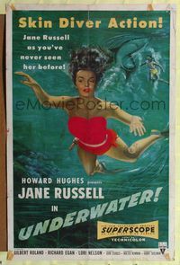 8m910 UNDERWATER 1sh '55 Howard Hughes, sexiest artwork of skin diver Jane Russell!