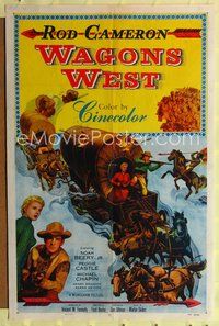 8m930 WAGONS WEST 1sh '52 art of pioneers Rod Cameron & Peggie Castle!