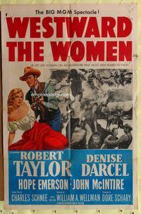 8m946 WESTWARD THE WOMEN 1sh '51 art of Robert Taylor & sexy mail-order bride Denise Darcel!