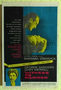 8m965 WITNESS TO MURDER 1sh '54 no one believes what Barbara Stanwyck saw except for the murderer!