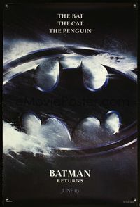 8r064 BATMAN RETURNS teaser emblem 1sh '92 Tim Burton directed, the bat, the cat, the penguin!