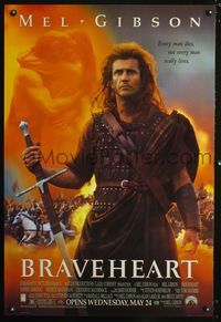 8r089 BRAVEHEART DS advance 1sh '95 cool image of Mel Gibson as William Wallace!