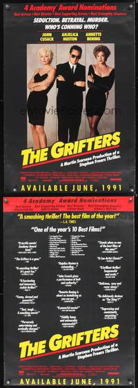 8r212 GRIFTERS 2-sided video 1sh '90 John Cusack, Annette Bening & Anjelica Huston!